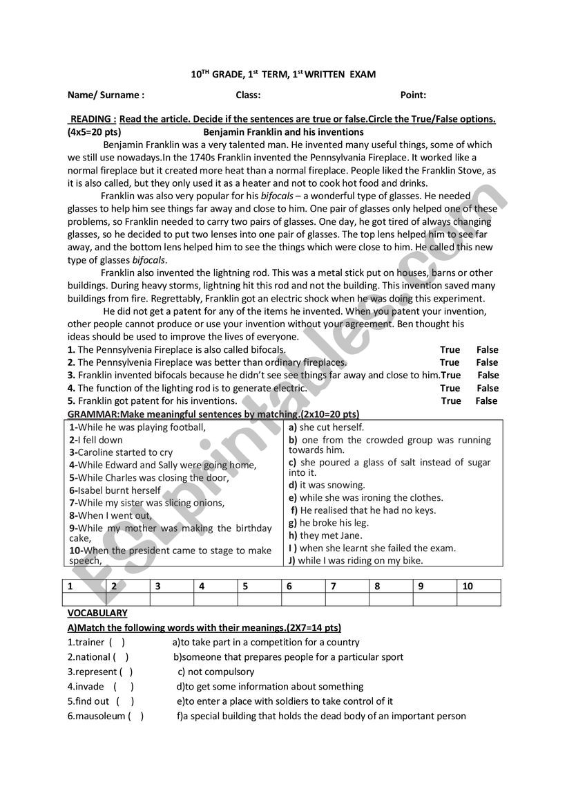 10th Grade Exam worksheet