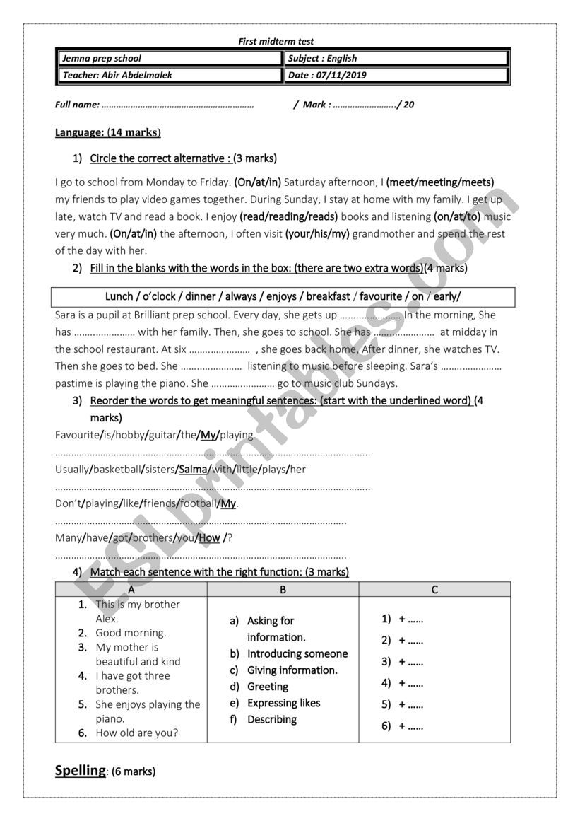 End of first term test 7th form - ESL worksheet by abirolla