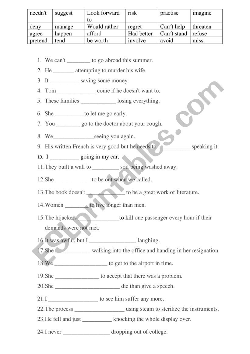 gerund or infinitive worksheet