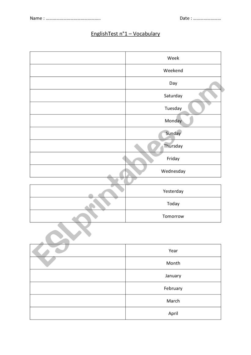 English test months and days  worksheet