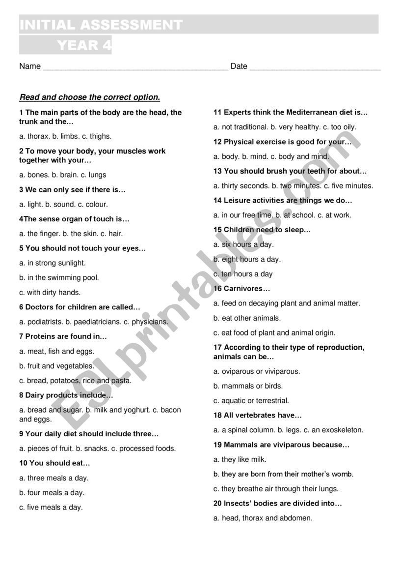 SCIENCE INITIAL ASSESSMENT worksheet