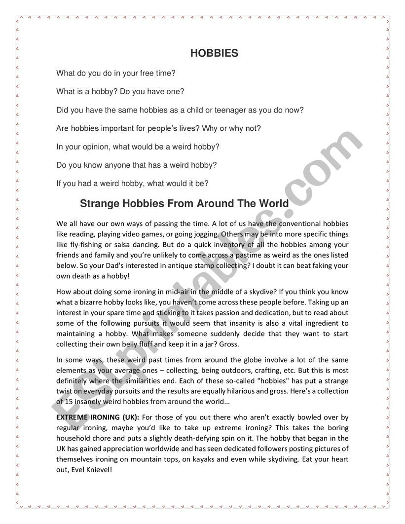 hobbies worksheet