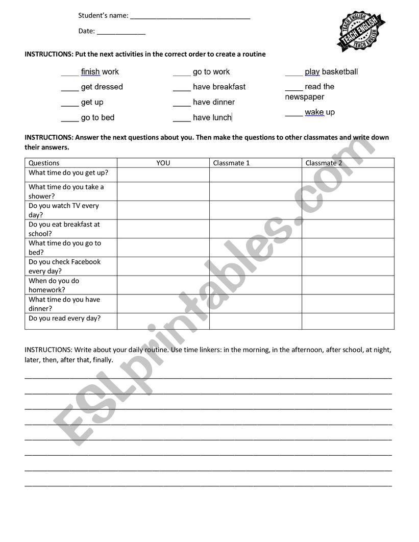 Daily activities worksheet