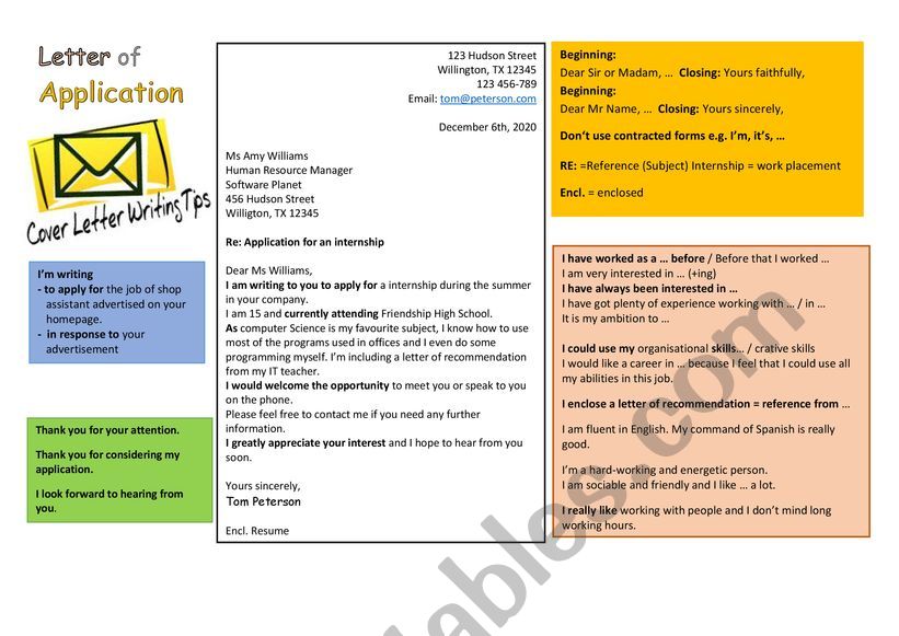 Letter of application worksheet