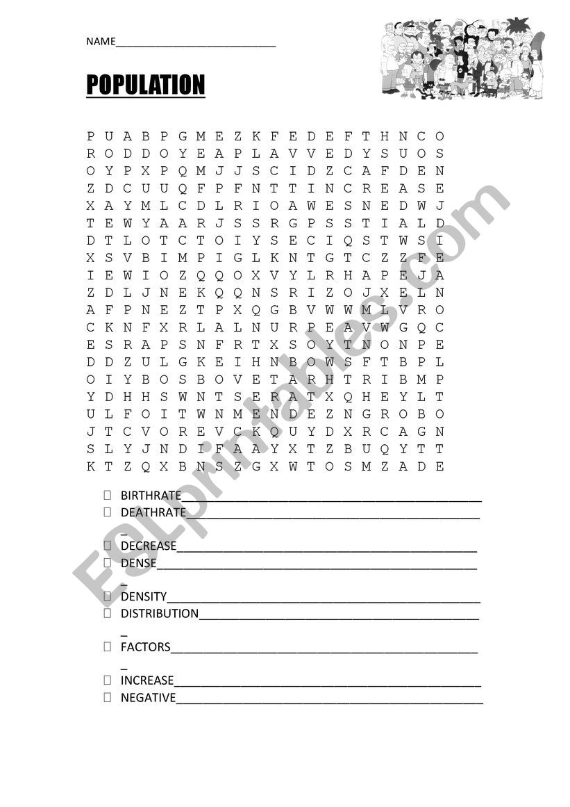 Population Key Terms Wordsearch
