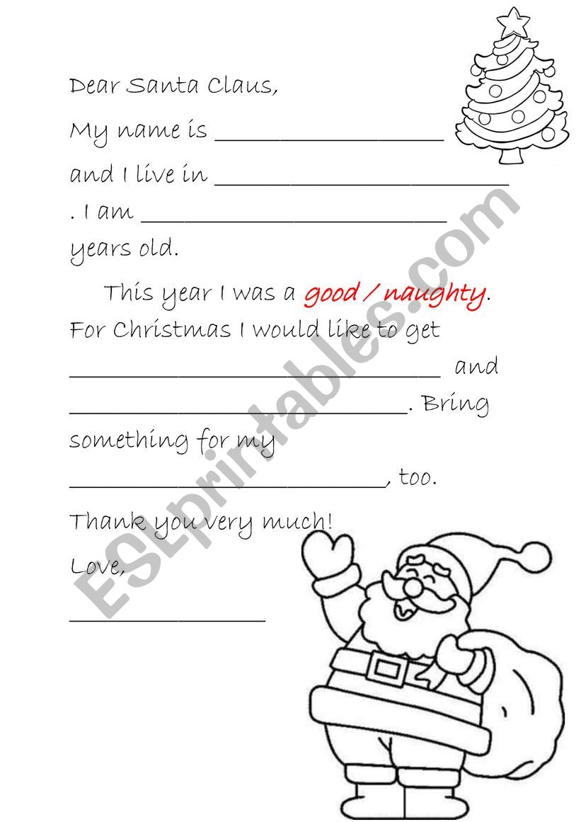 A letter to Santa Claus worksheet