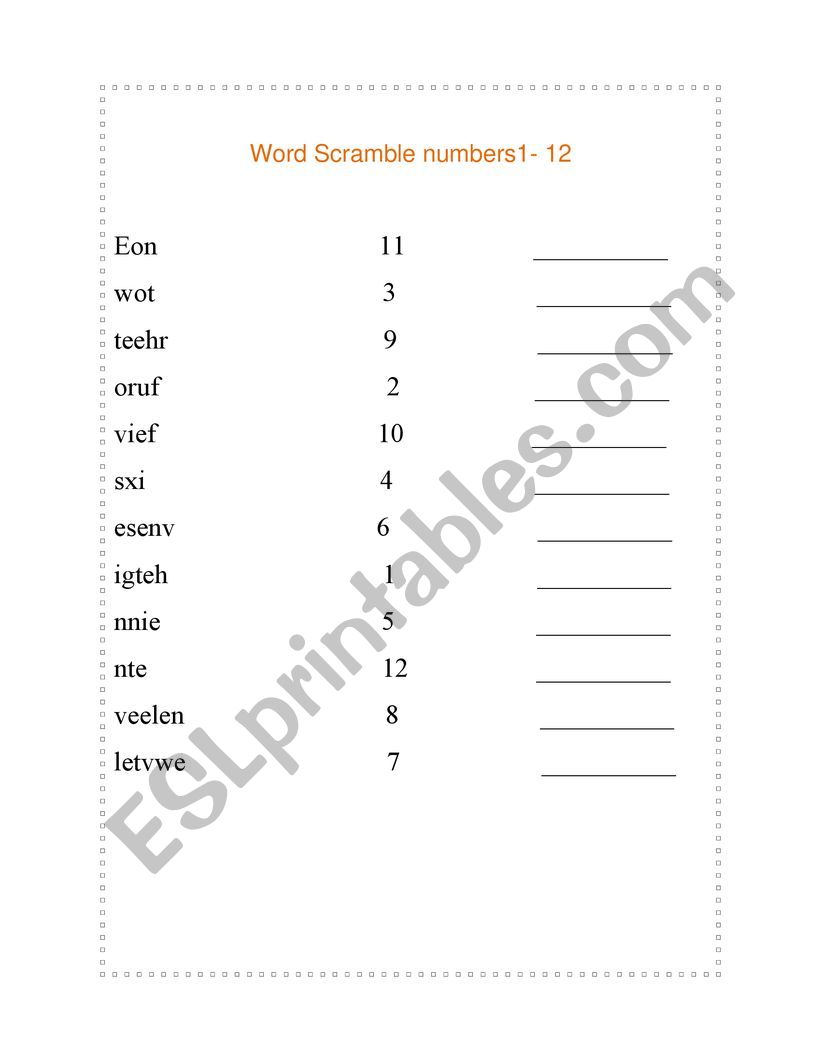 Word Scramble numbers 1- 12 worksheet