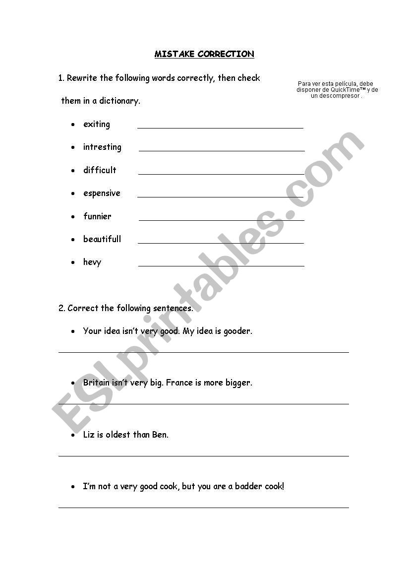 Mistake Correction. worksheet