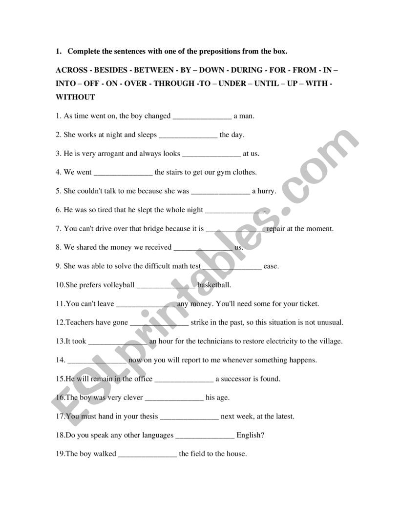 Prepositions practice  worksheet