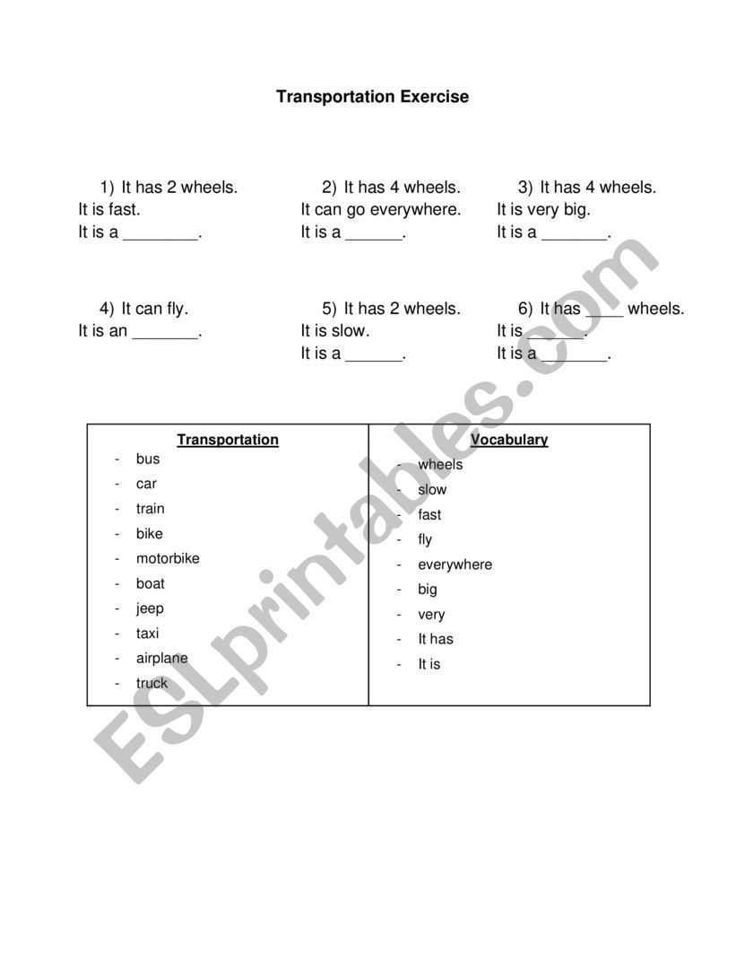 Transportation worksheet worksheet