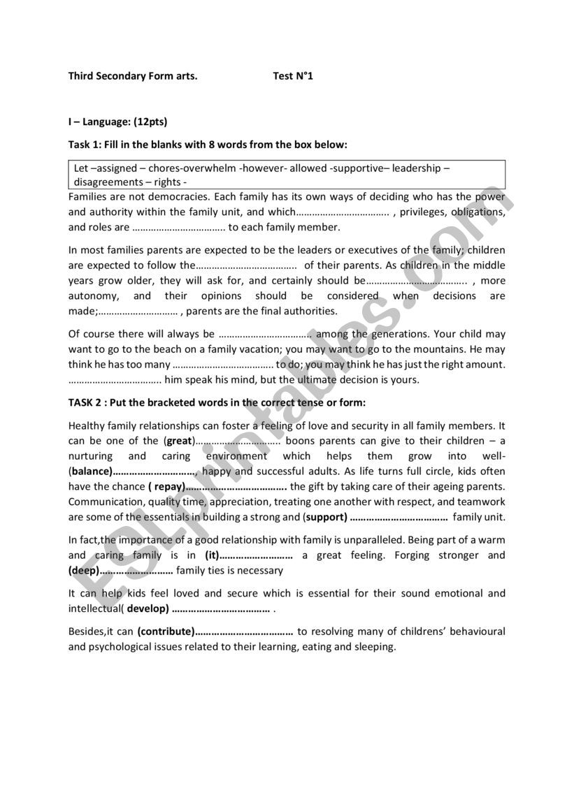 3rd Secondary Form (lettres) worksheet