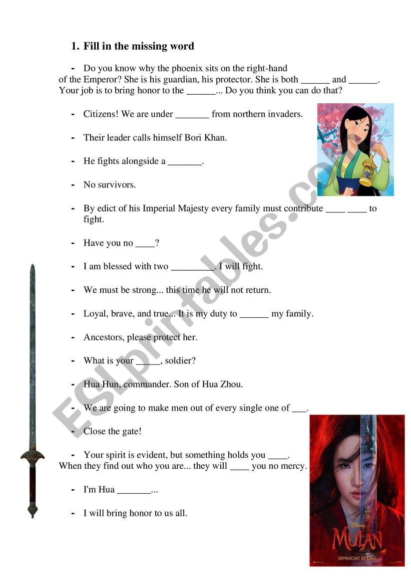 Mulan: worksheet (by trailer) worksheet