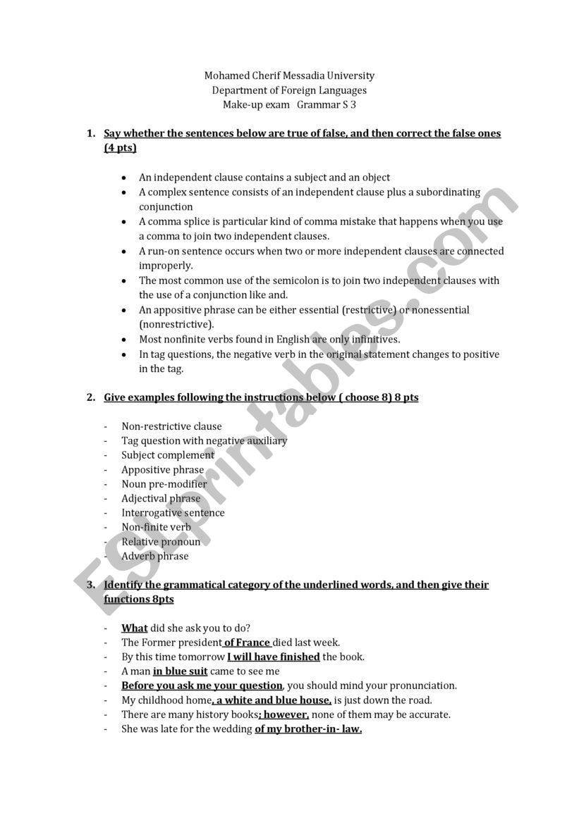 Make-up exam   Grammar S 3 worksheet