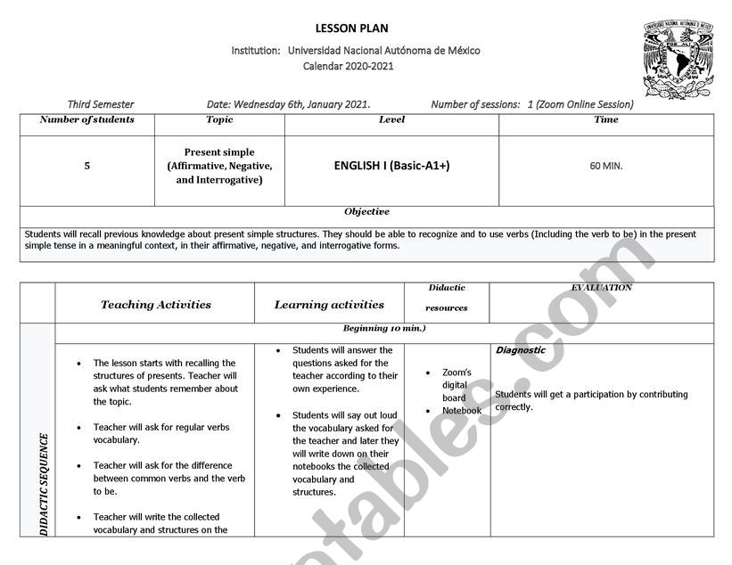 Lesson Plan Present Simple worksheet