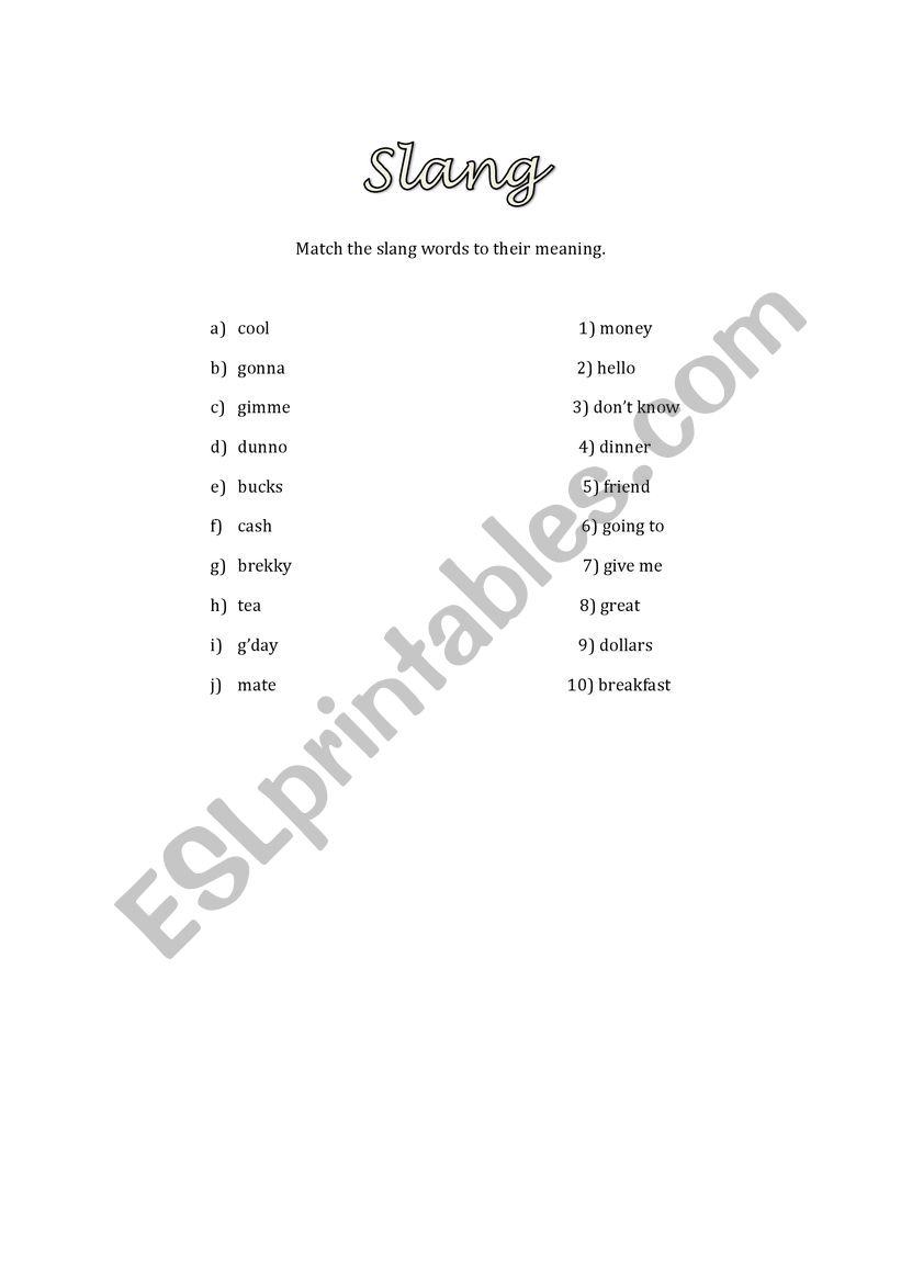 Slang Exercise Matching Words worksheet