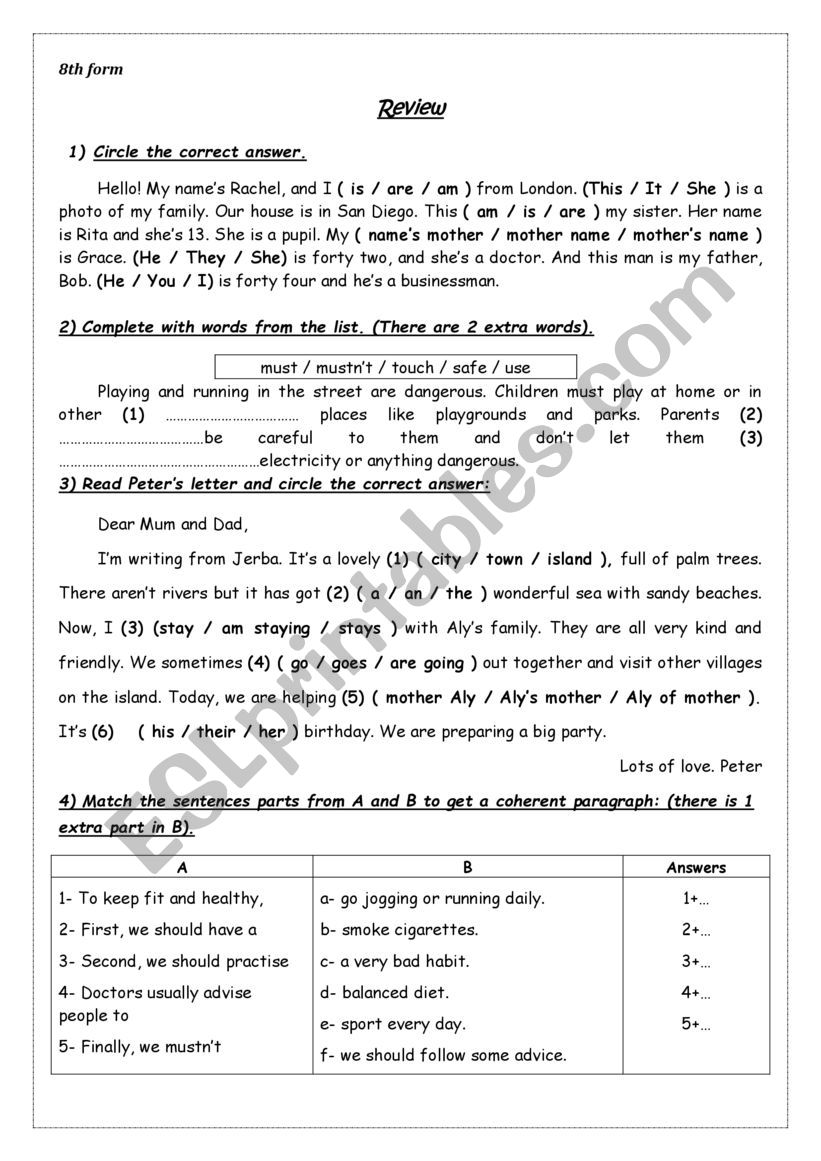 Review 8th Form worksheet