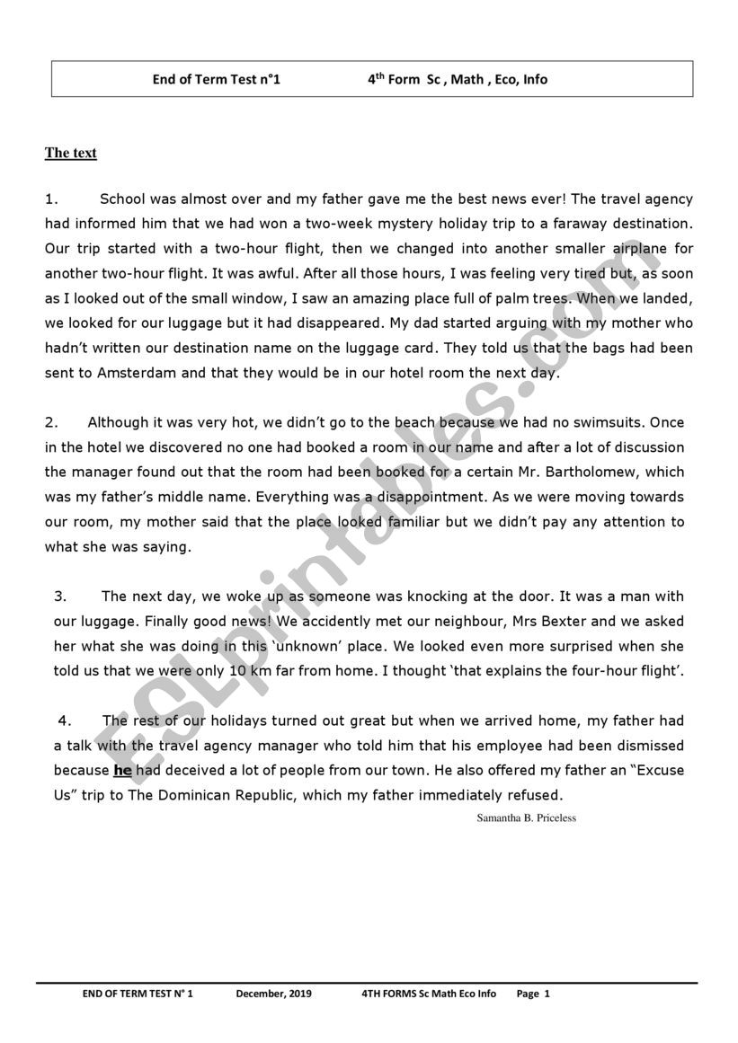 4th Sc End of Term Test 1 worksheet