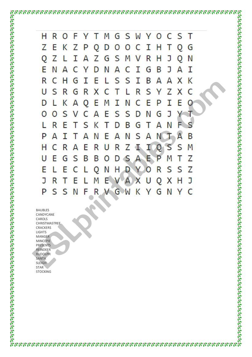 christmas wordsearch worksheet