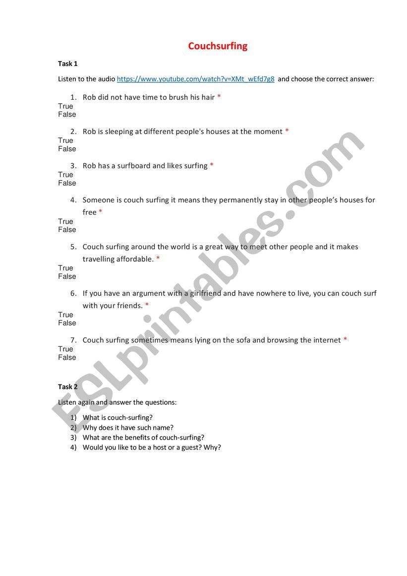 Couchsurfing worksheet