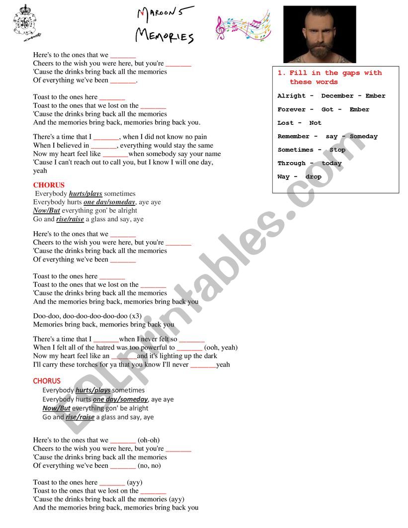 MEMORIES by Maroon 5 worksheet