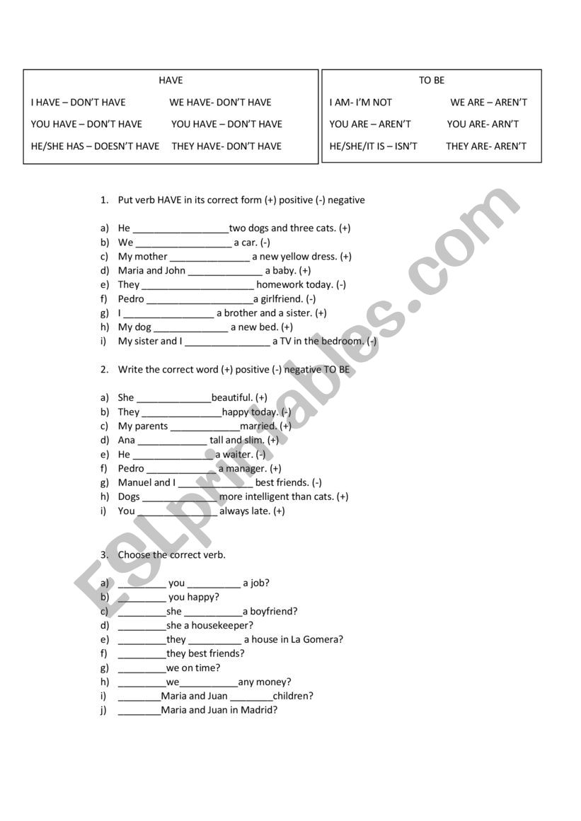 Have or To be worksheet