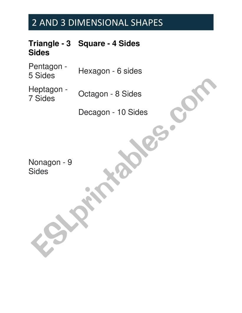 2 and 3 dimentional shapes  worksheet