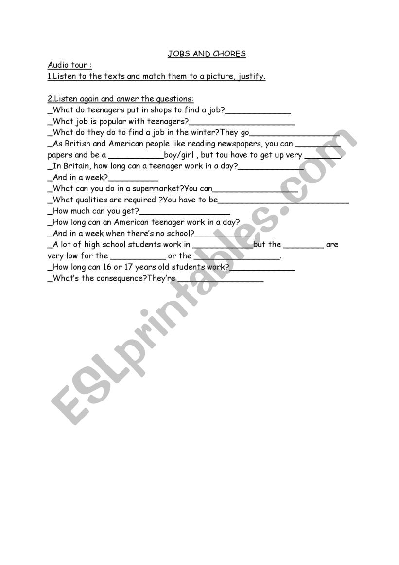 Jobs and chores worksheet