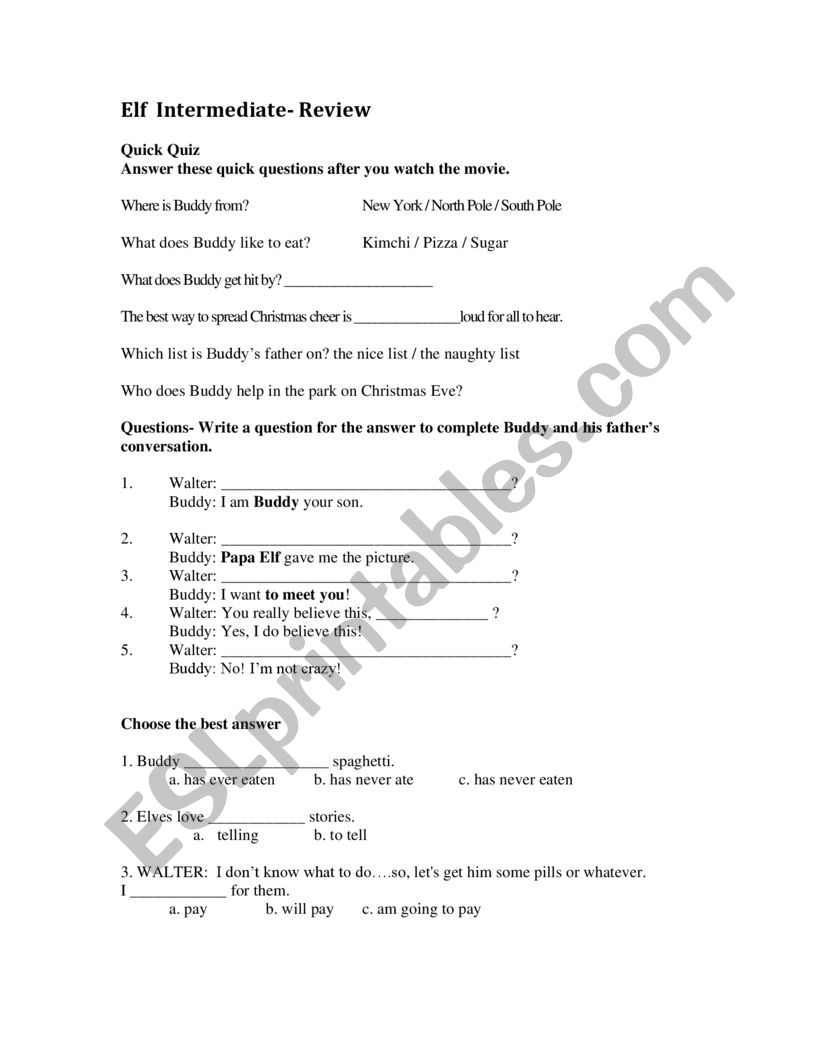 ELF MOVIE WORKSHEET worksheet