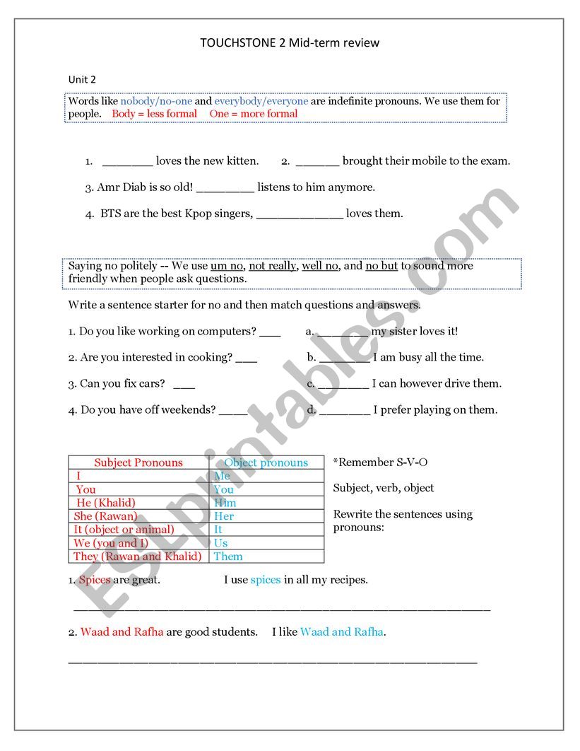 Touchstone 2 Midterm review units 2-3