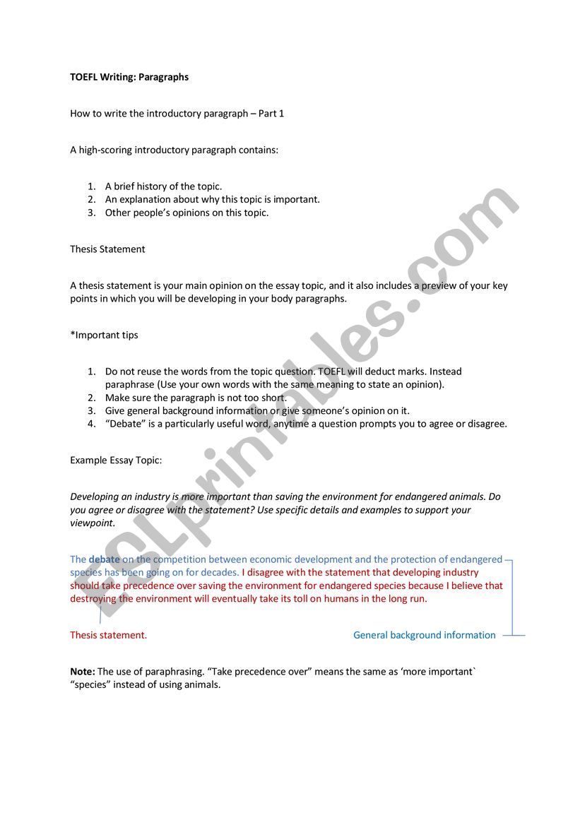 TOEFL Paragraph writing worksheet