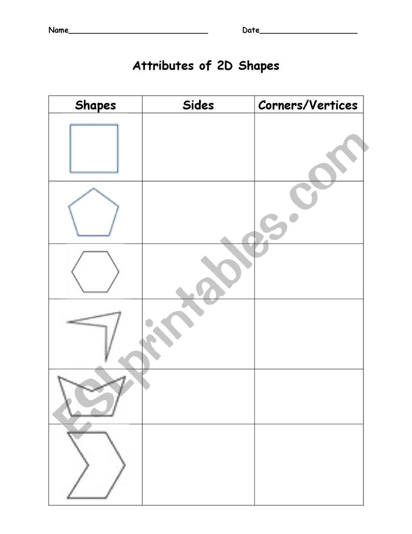 Attributes of 2D Shapes worksheet