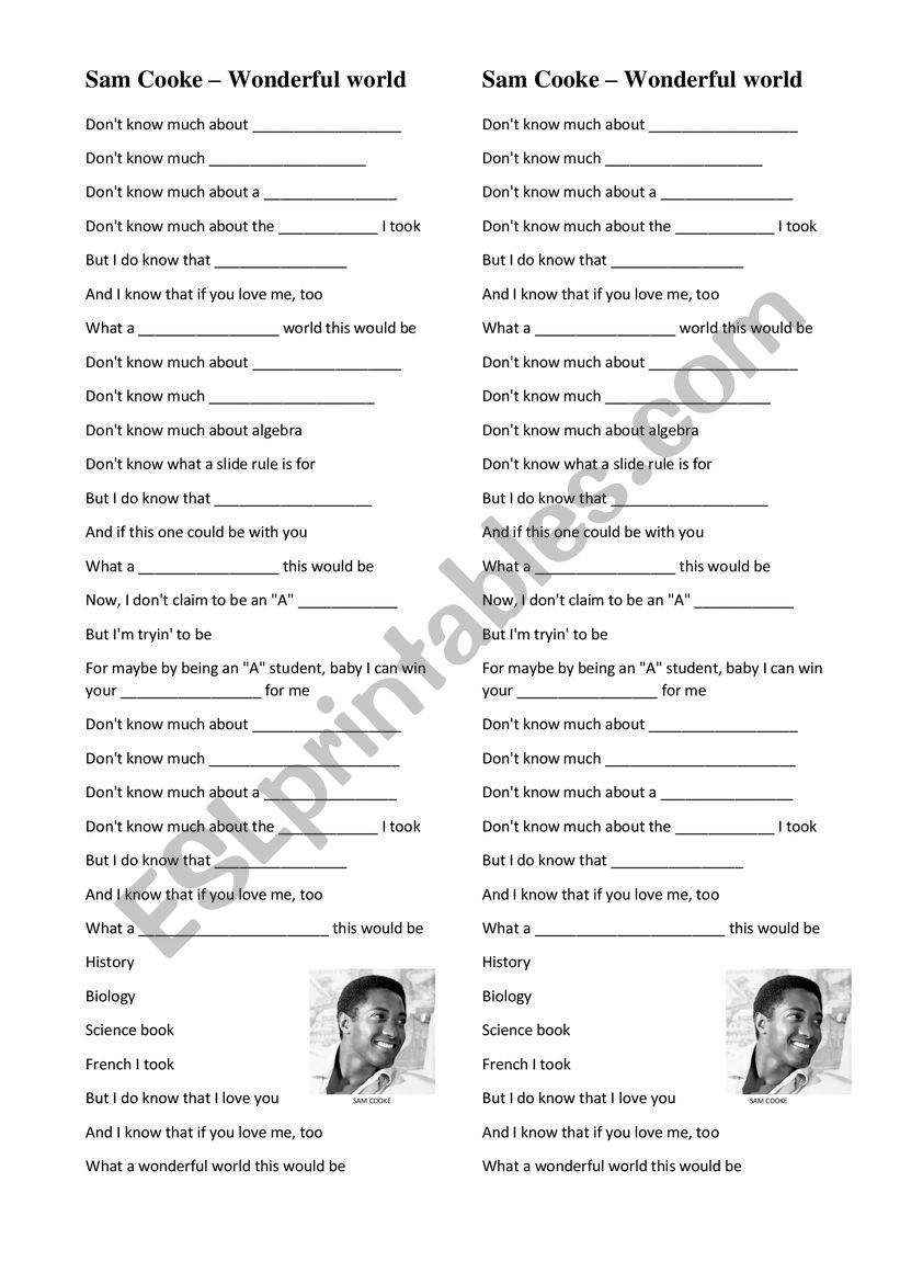 Sam Cooke Wonderful World worksheet