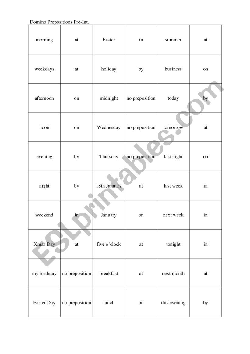 Domino Prepositions of Time worksheet