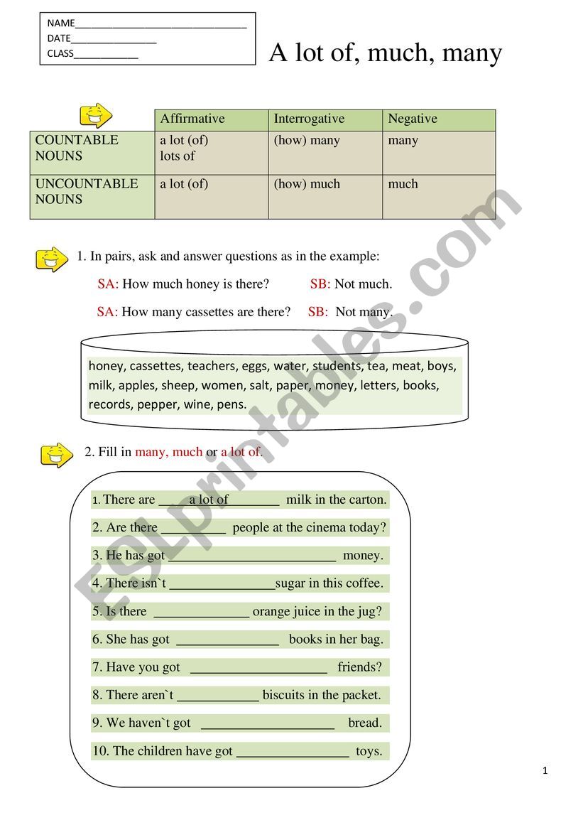 A lot of, much, many worksheet