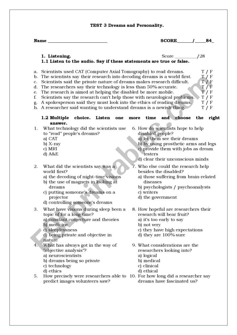 Psychology test worksheet