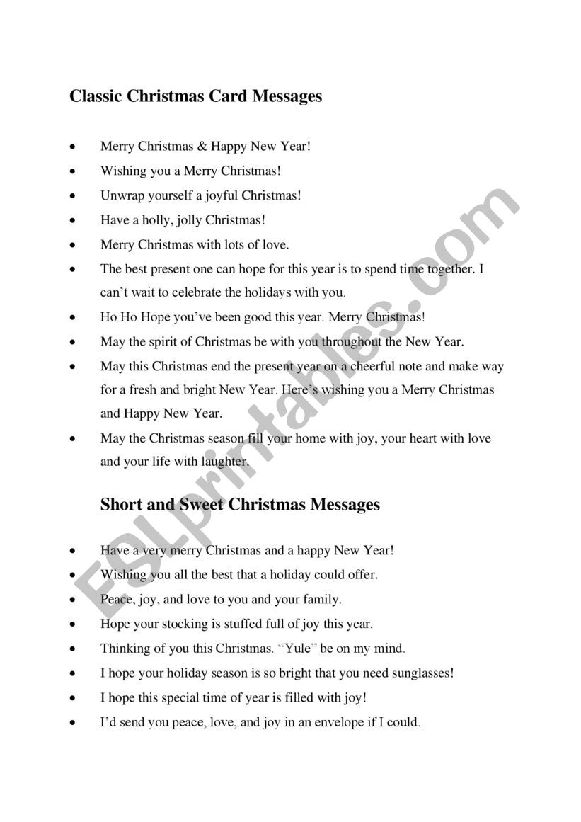 Christmas Card messages worksheet