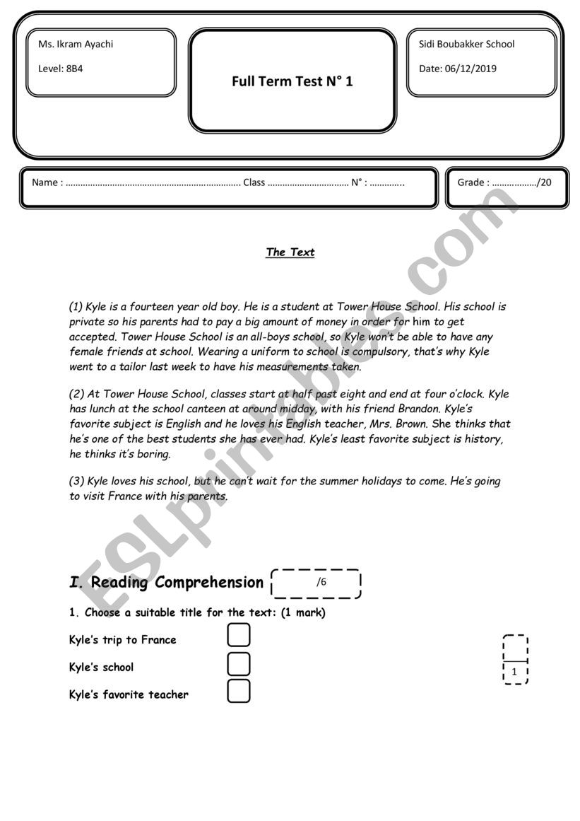 8th Grade - Full Term Test 1 worksheet