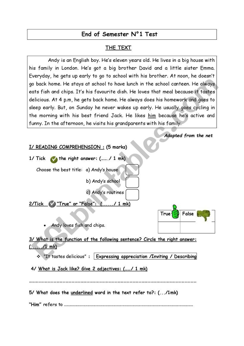 End of semester one test worksheet