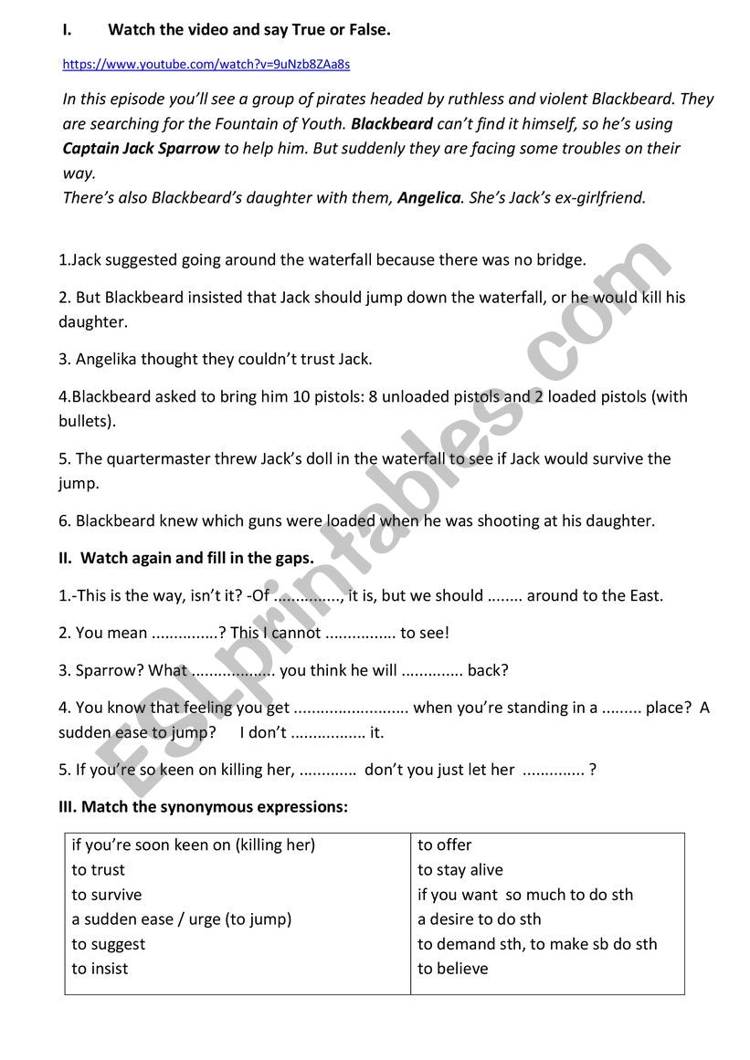 Pirates of the Carribean worksheet