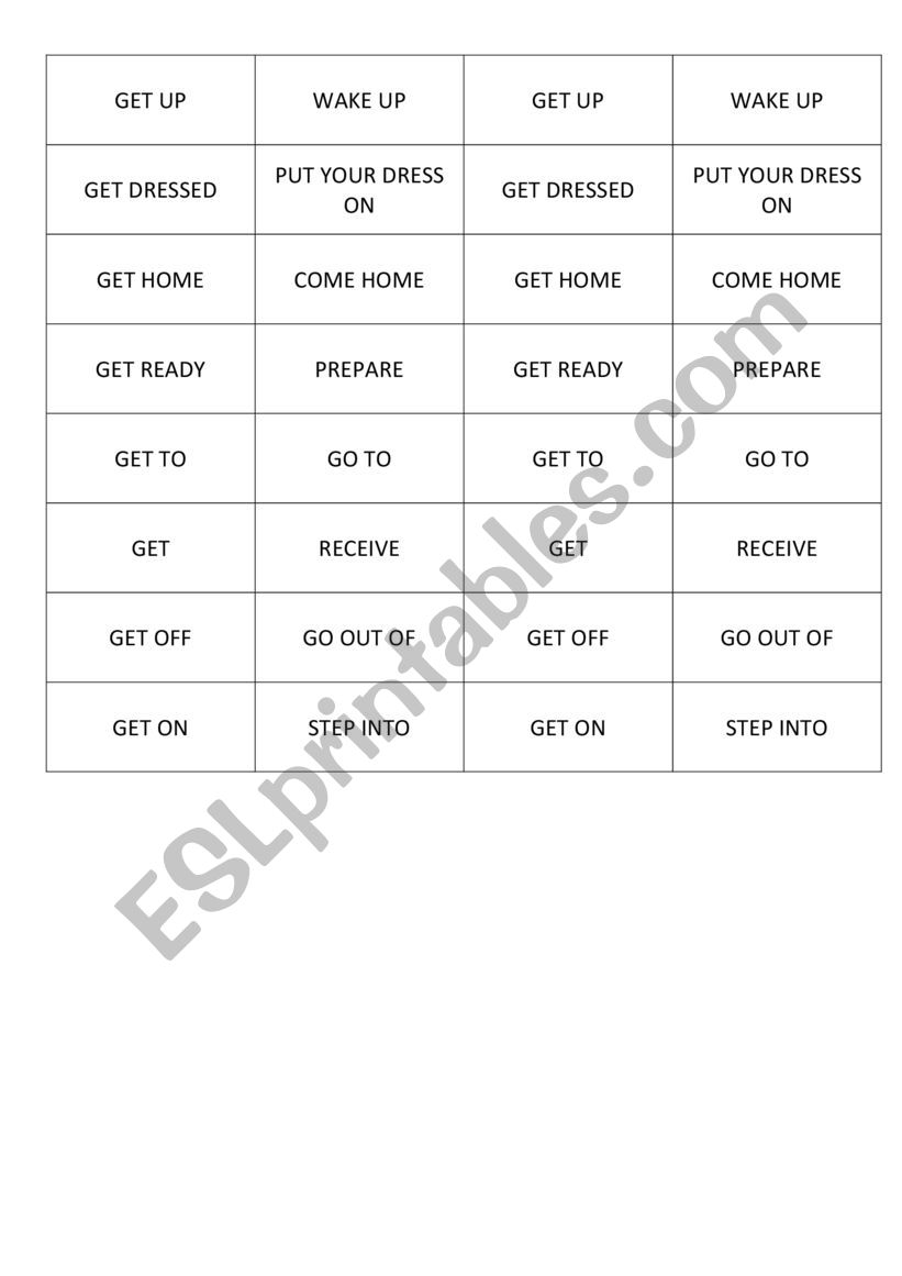 verbs with GET Memory game worksheet