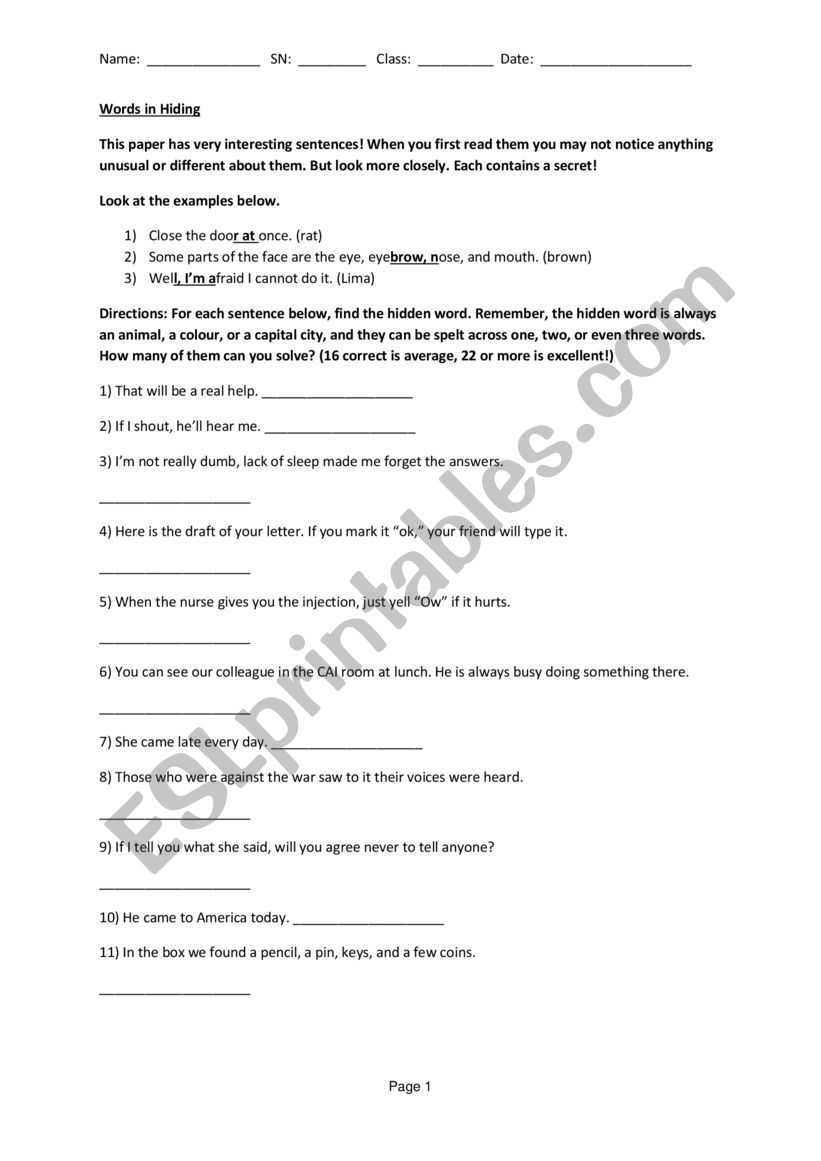 Hidden Words Worksheet 1  worksheet