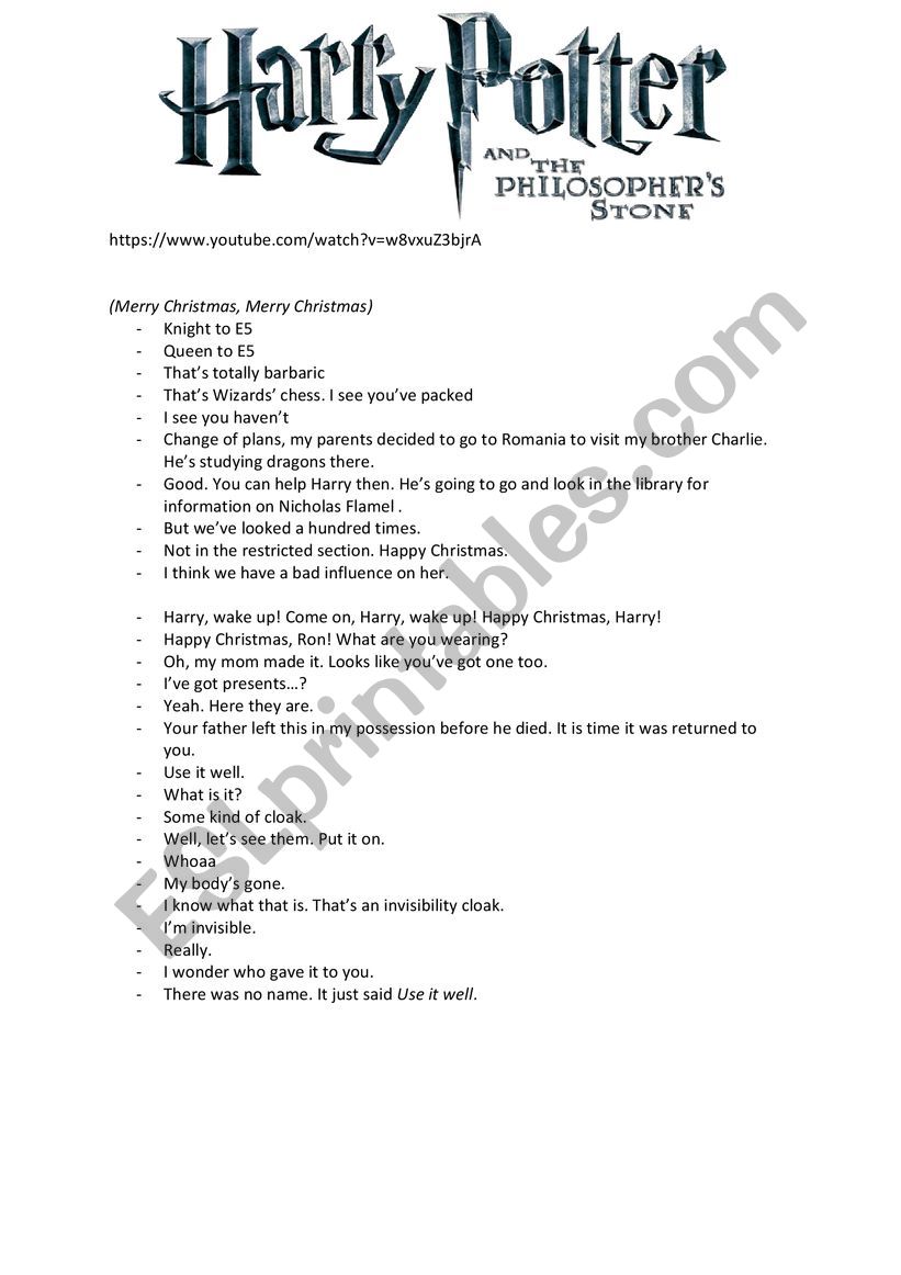 Harry Potter and the Philosopherï¿½s Stone Christmas scene - ESL worksheet  by Nency