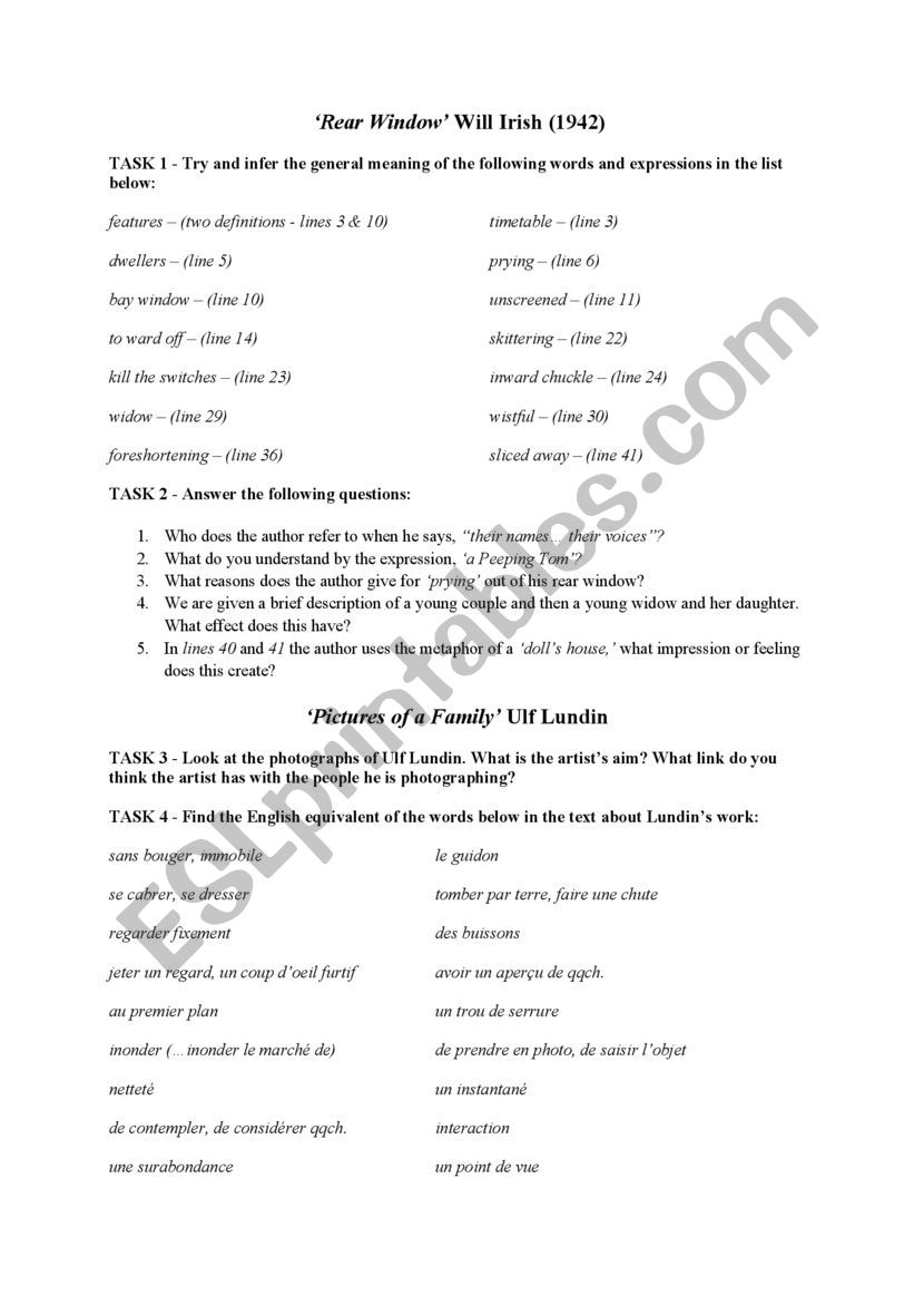 Rear Window by Will Irish worksheet