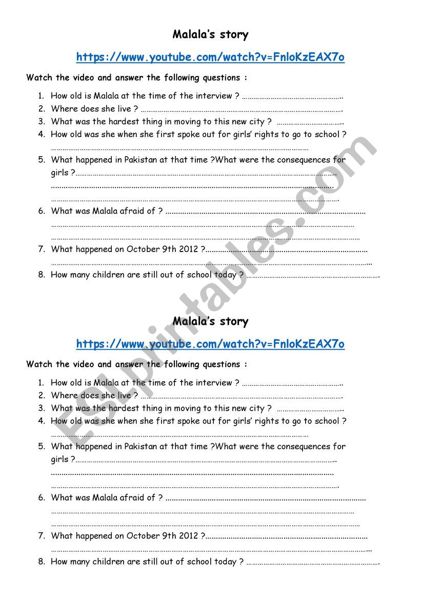 Malala�s story worksheet