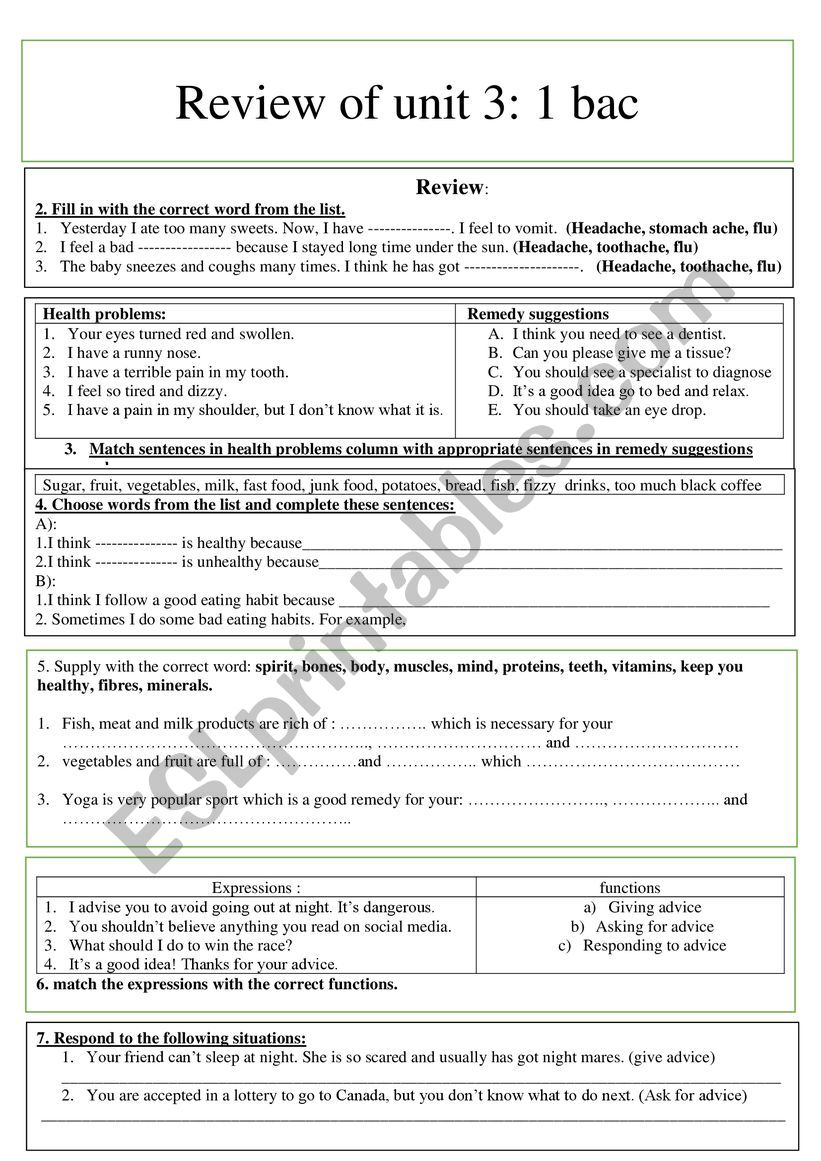 review of unit / 1bac worksheet