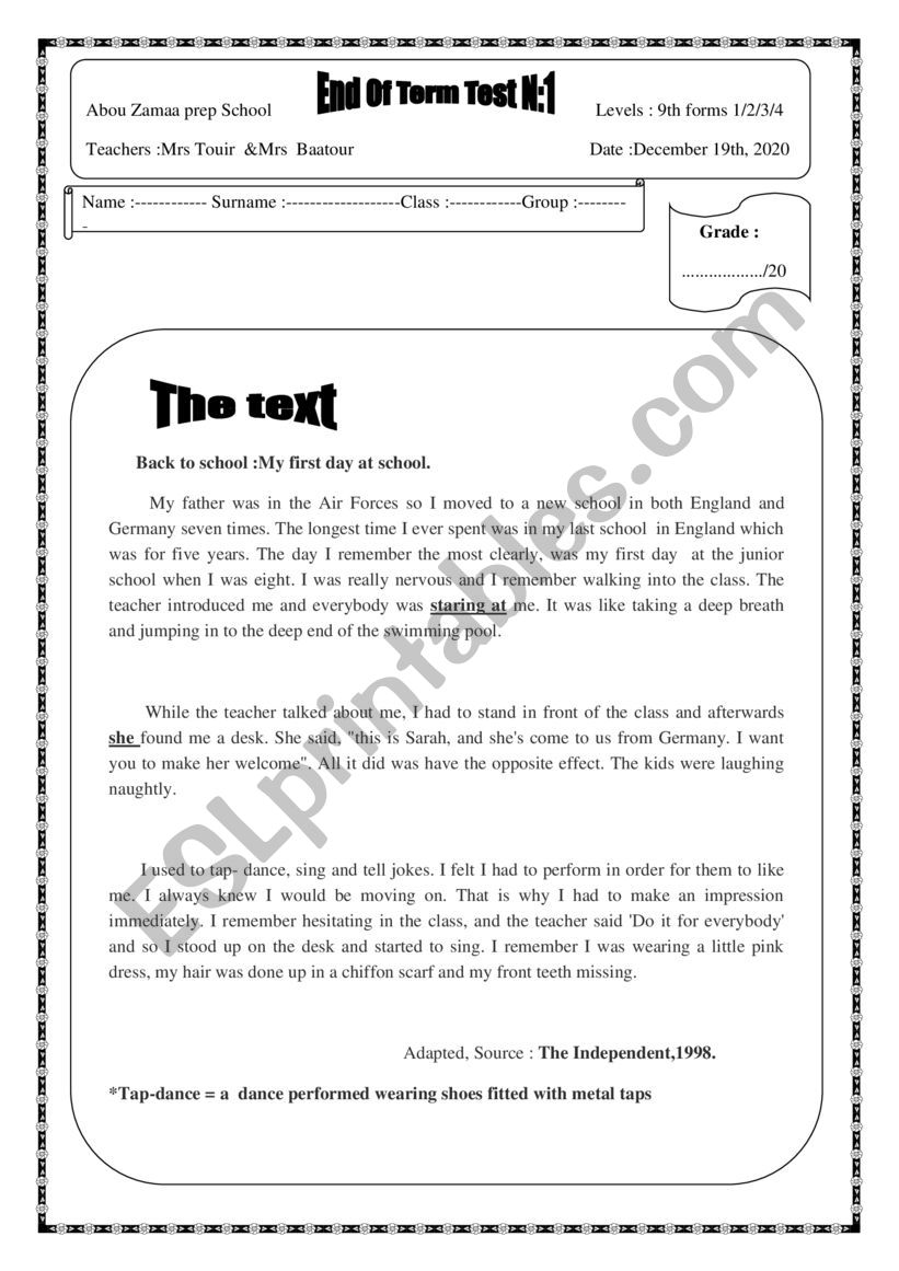 End of term test n1 9th form worksheet