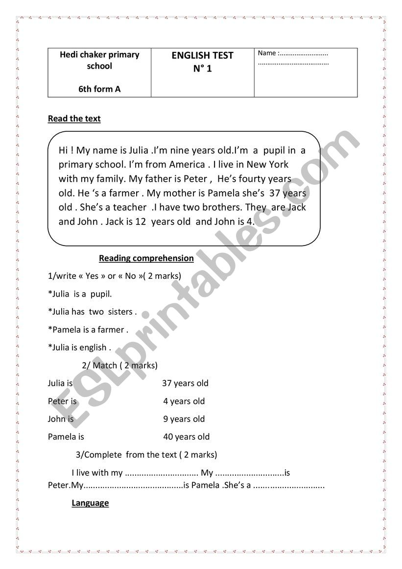 primary school worksheet