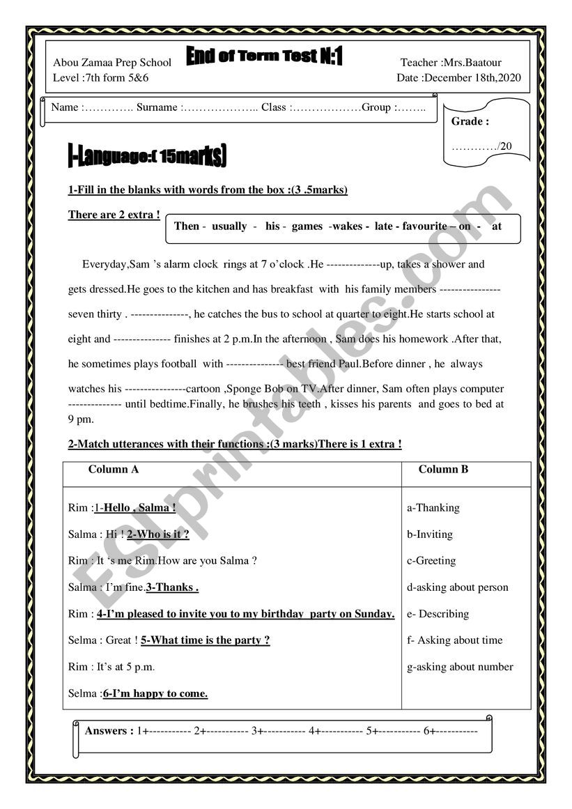 End of term test n1 7th form worksheet