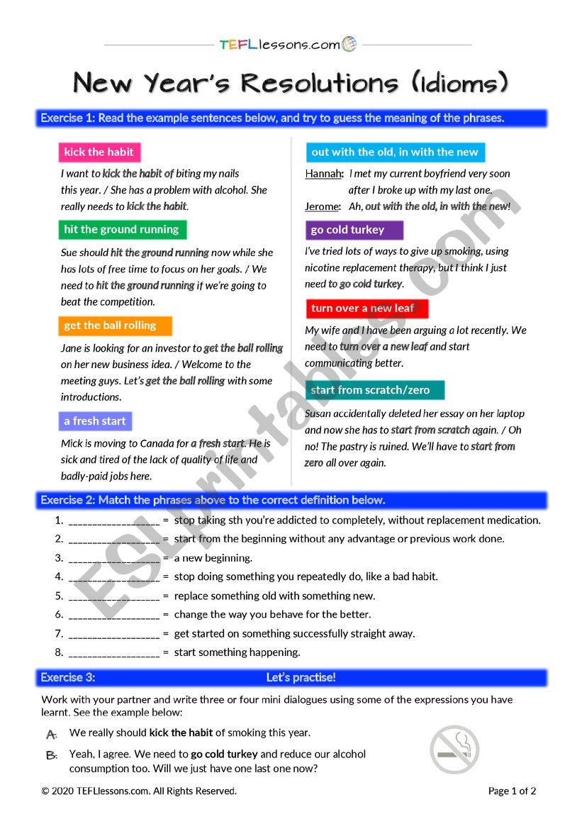 New Year Idioms - ESL worksheet by TEFL Lessons