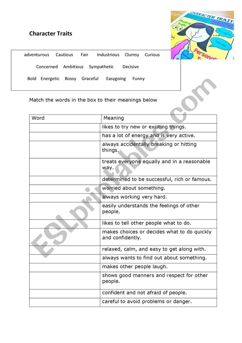 character traits  worksheet